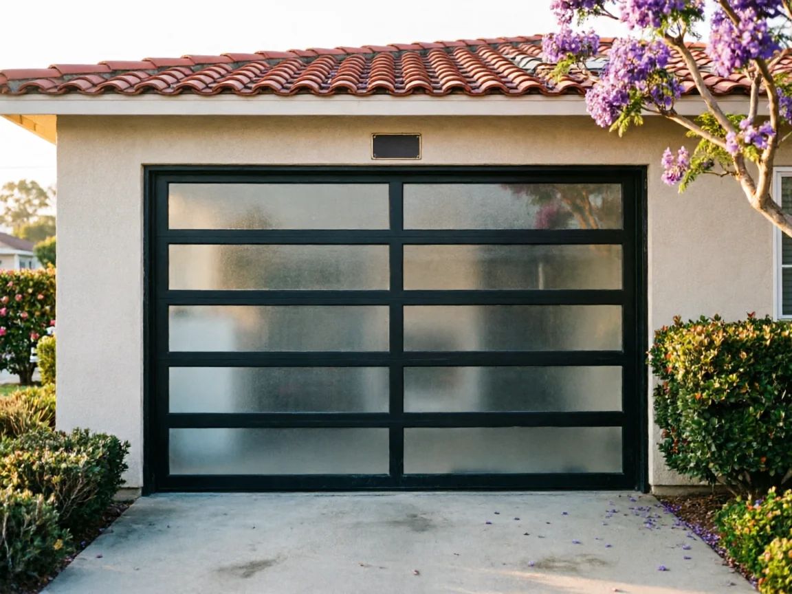 The house has a modern black garage door with frosted glass panels.