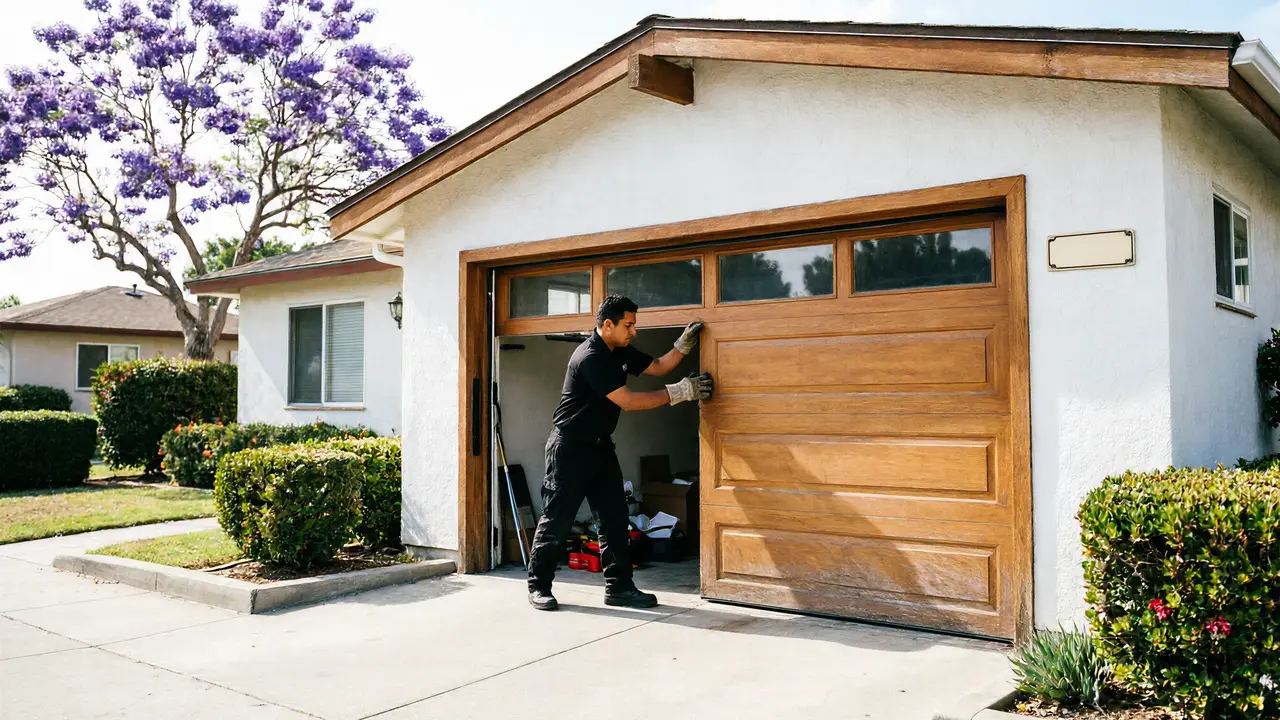 A technician in gloves is working on a wooden garage door with windows.