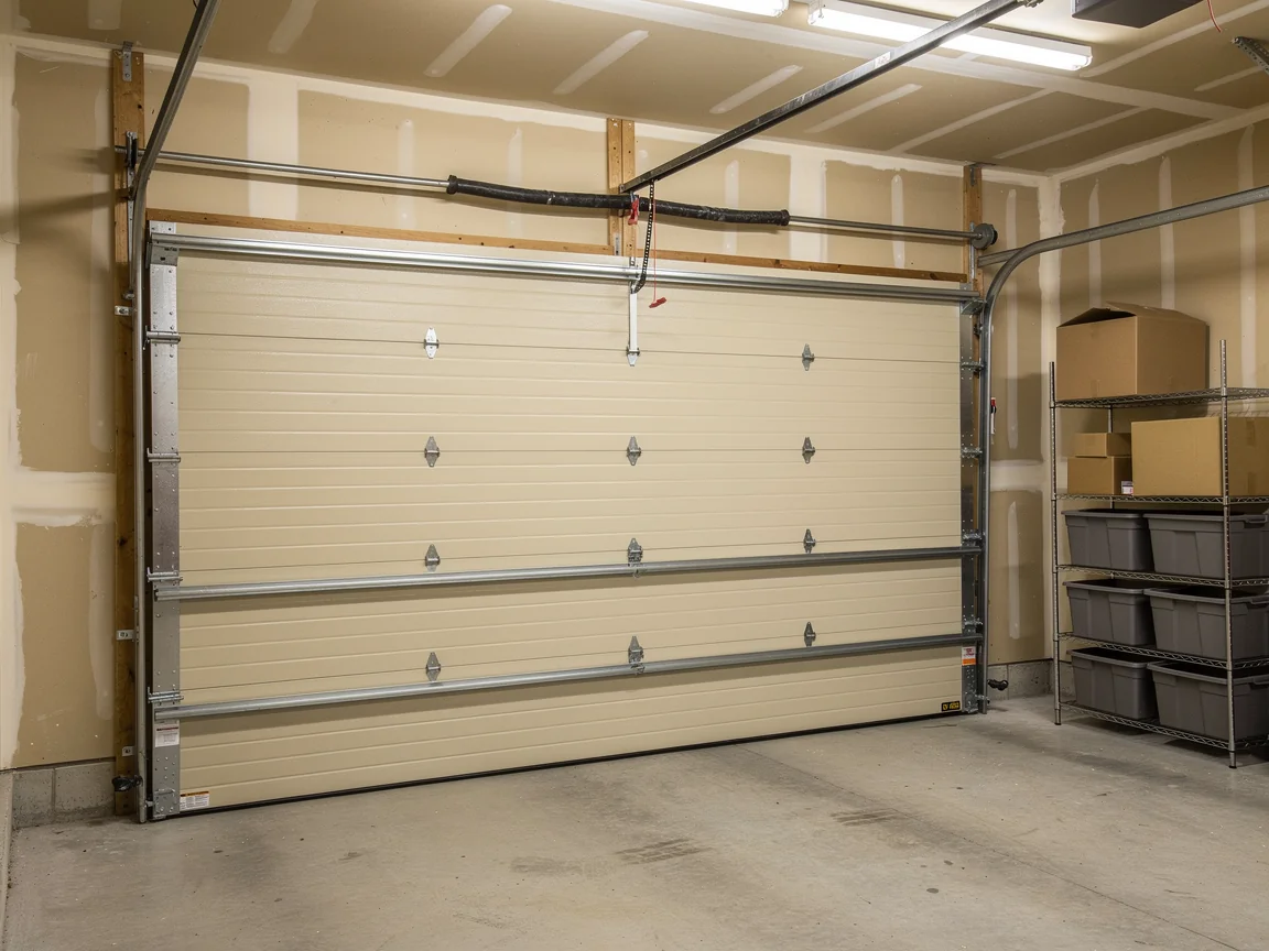 A beige garage door is closed inside a garage with a storage rack.