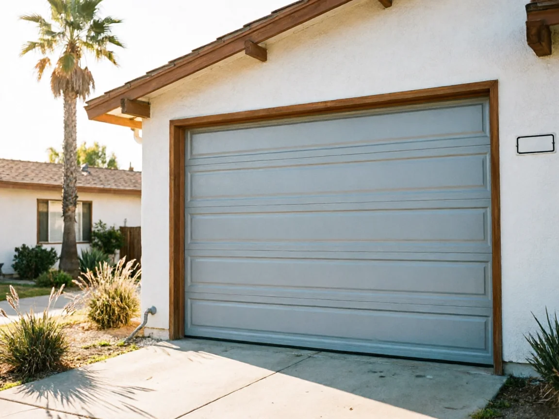 A light gray garage door with wood trim is on a white house.