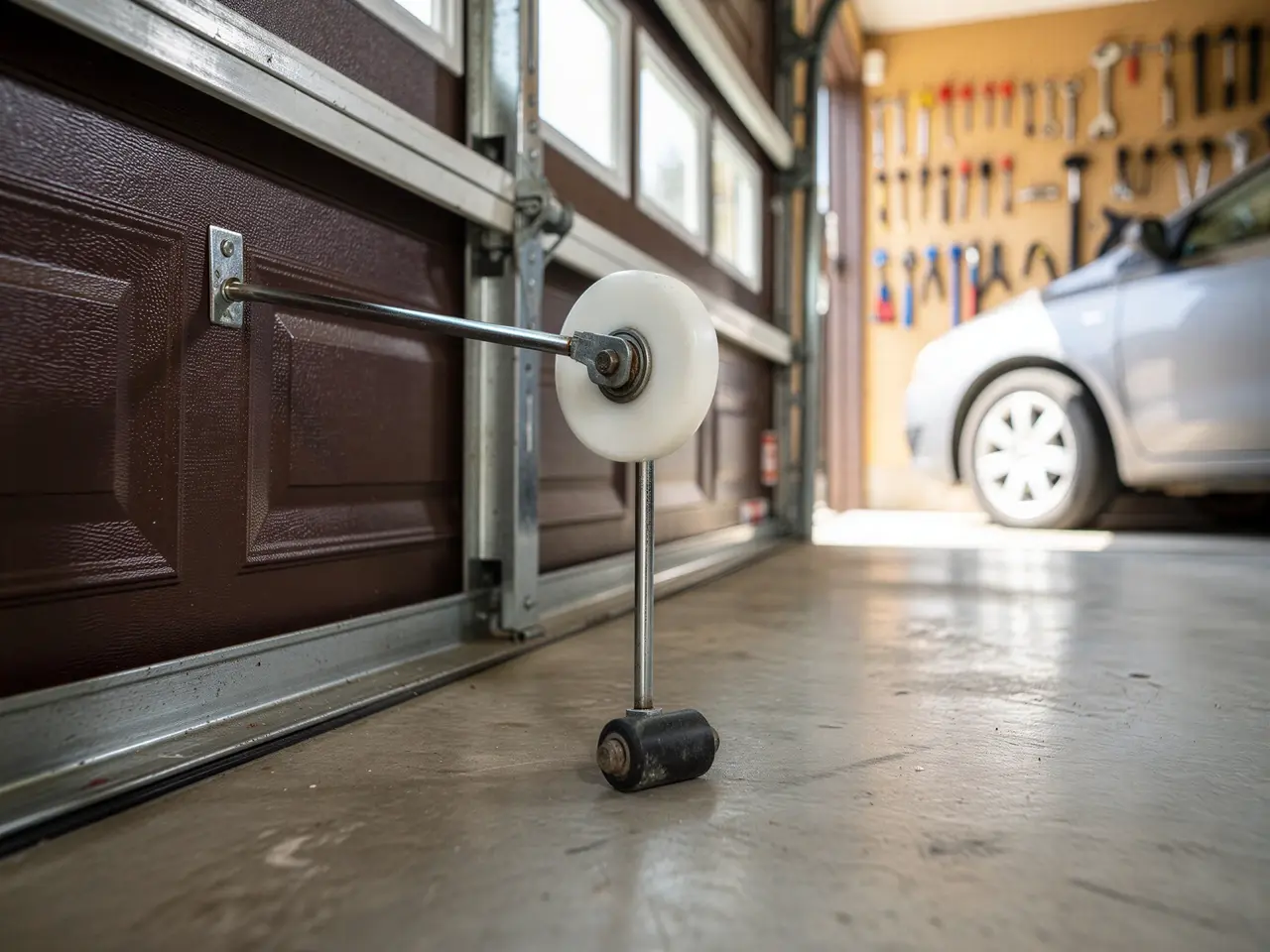 A brown garage door is open with a roller on the concrete floor.