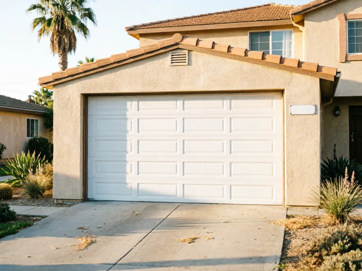 A white paneled garage door is on a stucco house with a tiled roof.