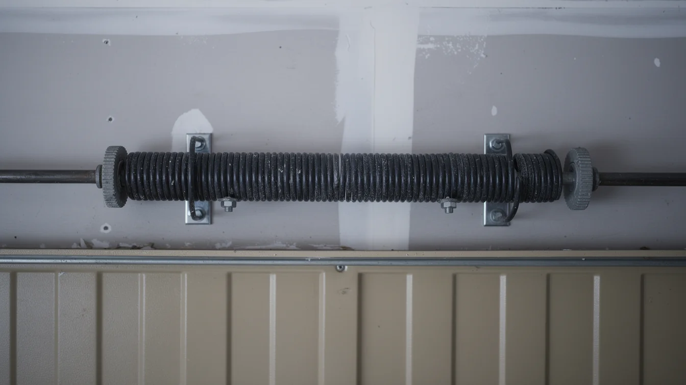 A black torsion spring is mounted above a tan garage door.